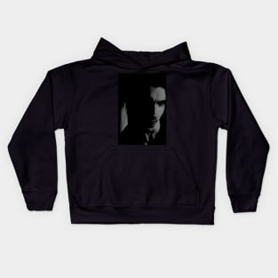 Portrait, digital collage and special processing. Face. Nice looking guy in dark room. Grayscale. Kids Hoodie